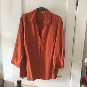 Notations Woman Oragne with Black Polka Dots Button Up Blouse 3X